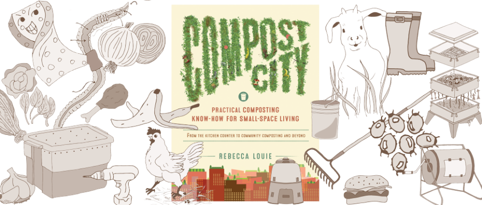Compost City Practical Composting Know How for Small Space Living. Here is a peek at the cute illustrations inside, including compost bins, earthworms and helpful composting tools!